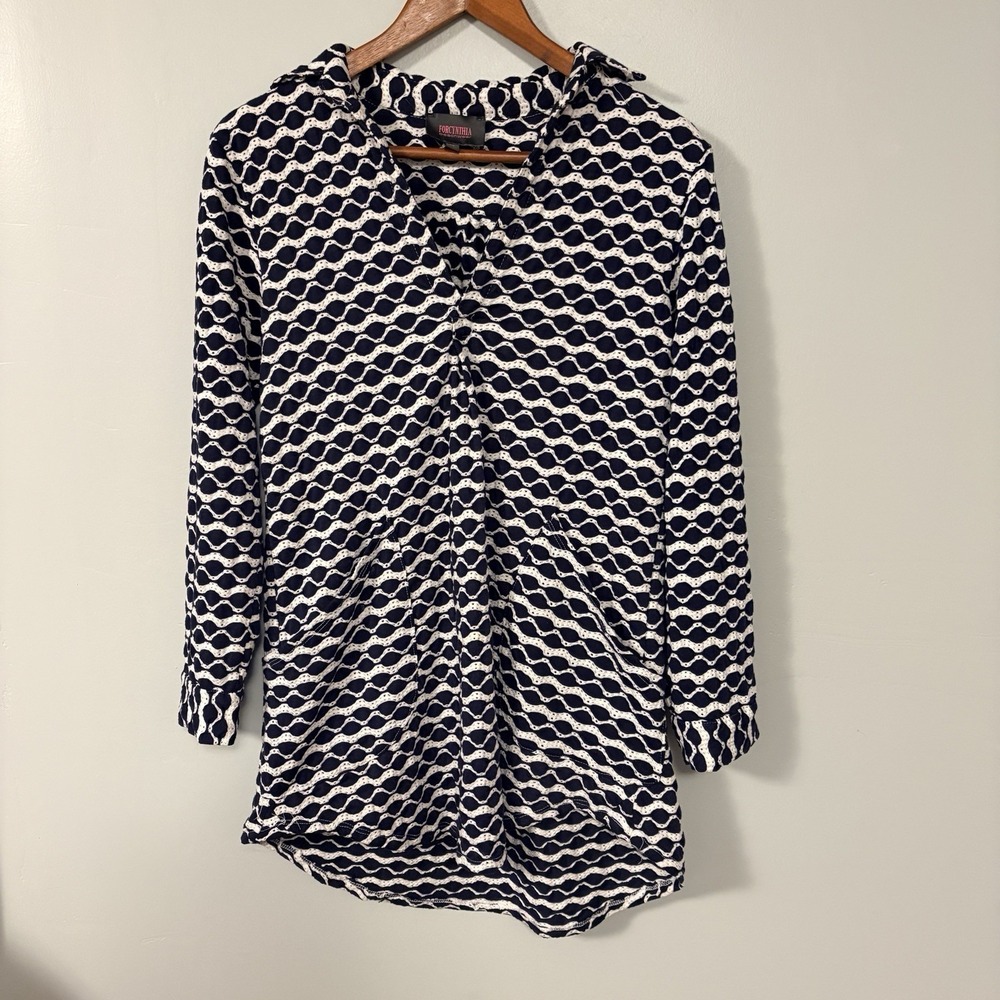 Forcynthia Beachwear Womens M Collared Long Sleeve Swim Cover Up Blue White